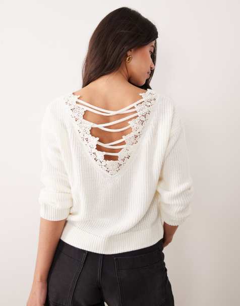 Miss Selfridge - Pull en maille avec dentelle et effet croisillons au dos - Crème - view 1