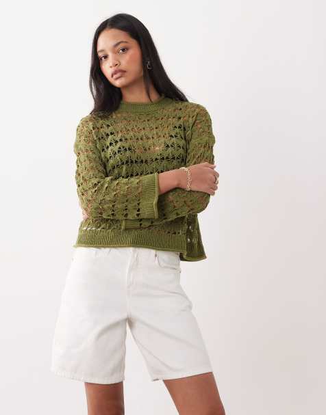 Miss Selfridge - Pull en maille crochetée ajourée - Olive - view 1