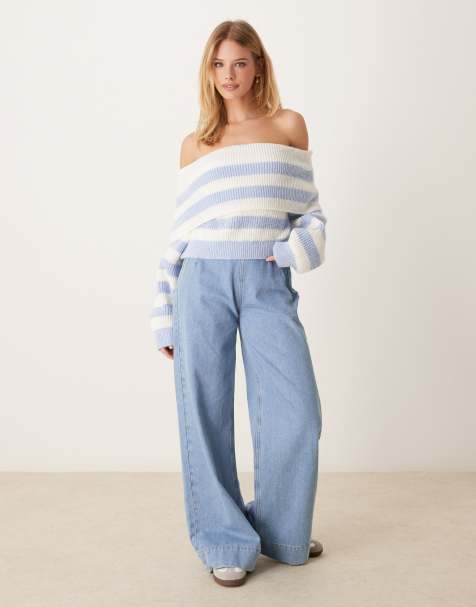 Miss Selfridge - Pull en maille rayée avec encolure Bardot - Bleu pastel - view 1