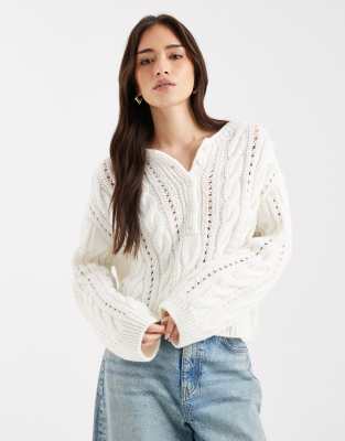 Pull en maille torsadée à col boutonné-Blanc M