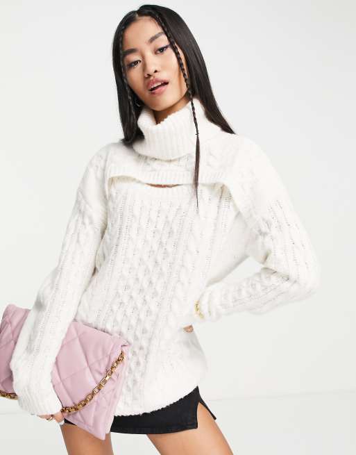 Miss Selfridge - Pull long en maille torsadée à découpes - Ivoire