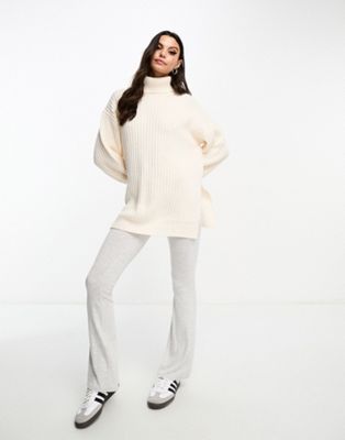 Miss Selfridge roll neck longline side split knit oversized jumper in cream  - ASOS Price Checker