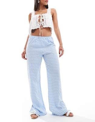 Miss Selfridge Pull On Cotton Poplin Wide Leg Gingham Pants With Tie Side Detail In Blue