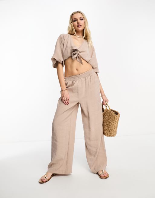 Miss Selfridge high waist wide leg linen trouser in stone