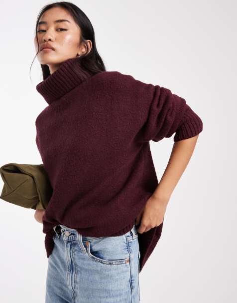 Miss Selfridge - Pull oversize à col roulé et ourlet fendu - Prune - view 1
