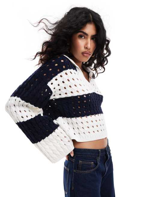 Miss Selfridge - Pull rayé à manches longues et col polo en crochet ajouré
