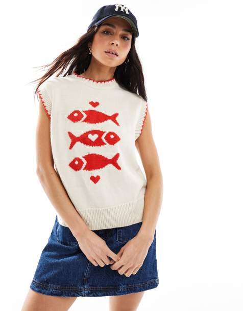 Miss Selfridge - Pull sans manches à motif sardine et cœur en point de feston - view 1