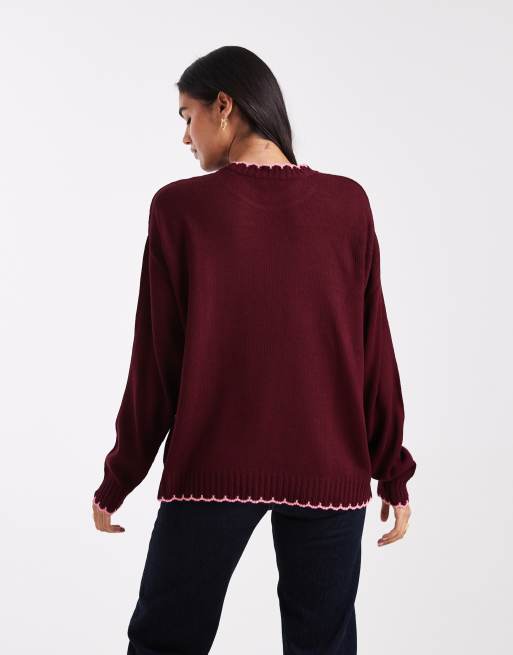 Miss Selfridge – Pullover in Burgunderrot mit Languettenstich und Schleifenmotiv, 2 von 4