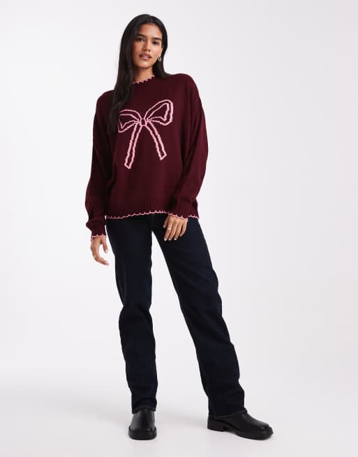 Miss Selfridge – Pullover in Burgunderrot mit Languettenstich und Schleifenmotiv, 4 von 4