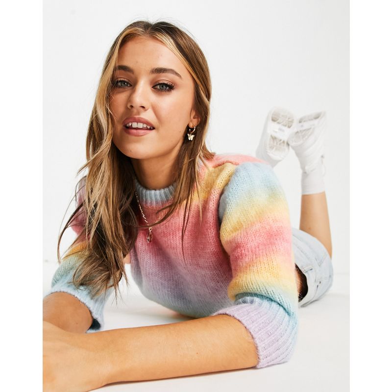 Miss Selfridge – Pullover in Regenbogenfarben mit Farbverlauf und Puffärmeln 