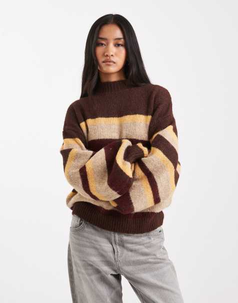 Miss Selfridge stripe brushed fluffy jumper in chocolate