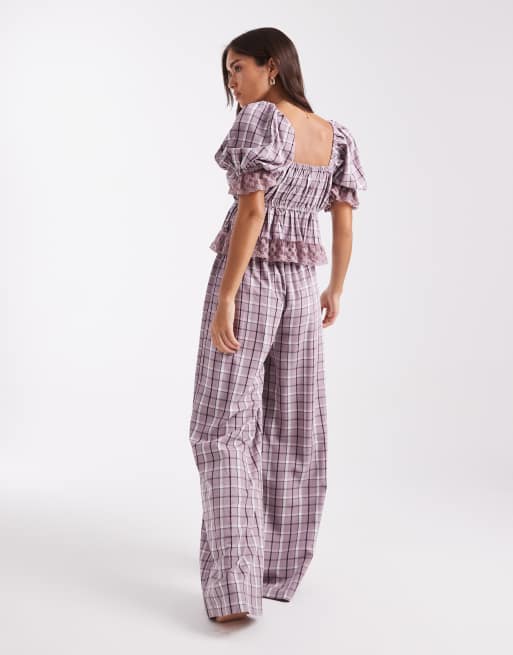 Miss Selfridge – Pyjama-Set aus Baumwolle in Lila kariert mit weitem Bein, 4 von 4