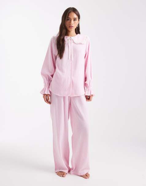 Miss Selfridge – Pyjama-Set aus Baumwolle in Rosa gestreift mit weitem Schnitt - view 1