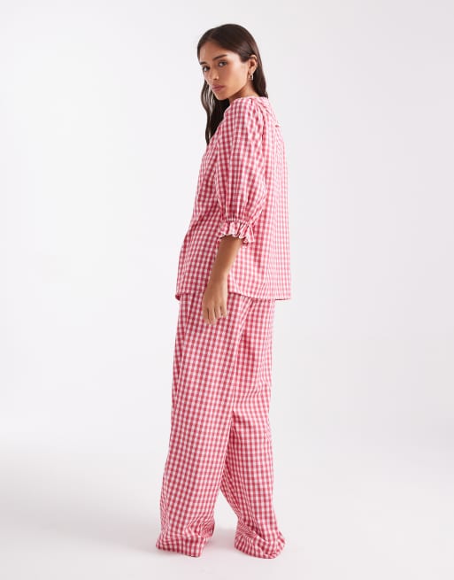 Miss Selfridge - Pyjamaset met wijde pijpen en gingham ruit in rood, 3 van 4