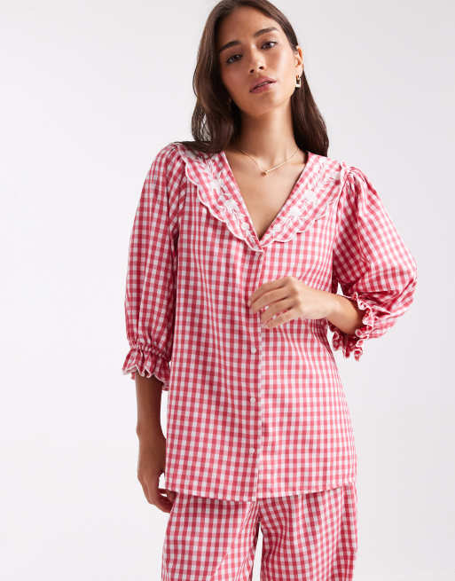 Miss Selfridge - Pyjamaset met wijde pijpen en gingham ruit in rood, 4 van 4