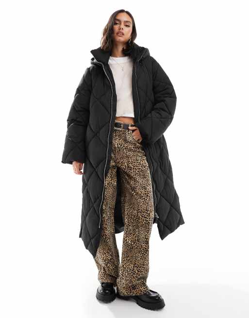 Miss Selfridge quilted hooded maxi puffer coat in black ASOS