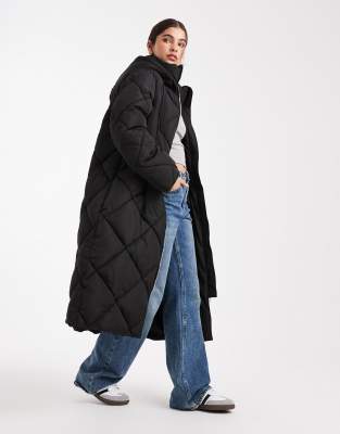 Miss Selfridge Quilted Hooded Maxi Puffer Coat In Black