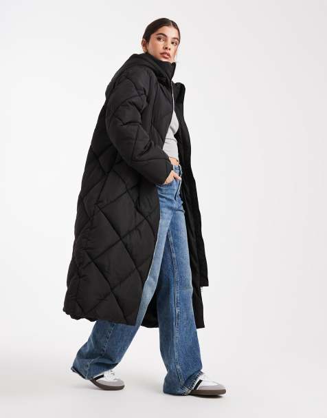 Miss Selfridge quilted hooded maxi puffer coat in black - view 1