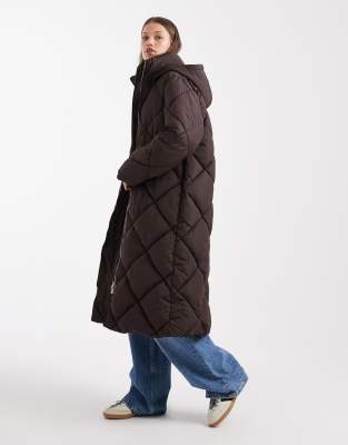 Miss Selfridge Quilted Hooded Maxi Puffer Coat In Brown