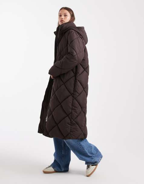 Miss Selfridge quilted hooded maxi puffer coat in chocolate - view 1