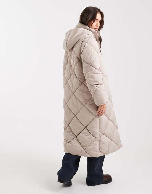 Miss Selfridge quilted hooded maxi puffer coat in mocha