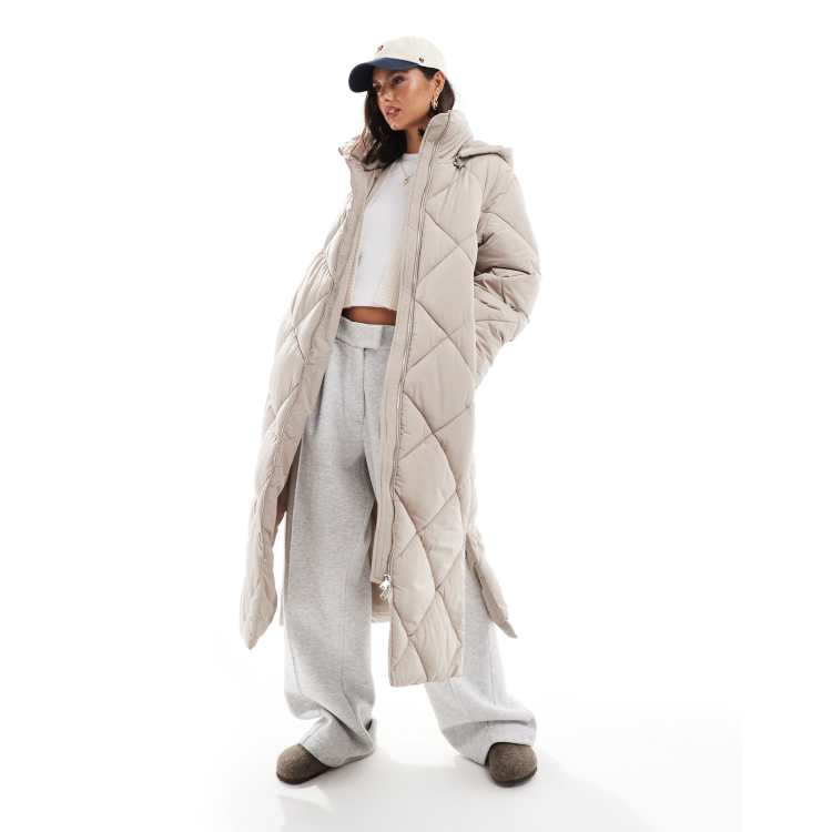 Miss Selfridge quilted hooded maxi puffer coat in mushroom ASOS