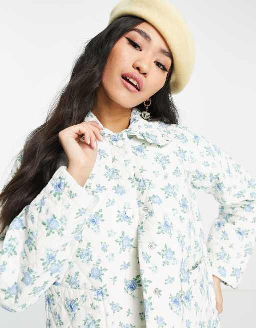 Miss Selfridge quilted lightweight jacket in blue floral print ASOS