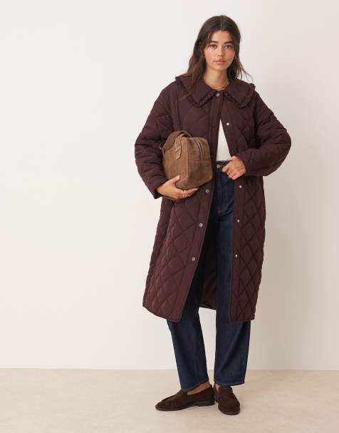Miss Selfridge quilted liner maxi coat in plum - view 1