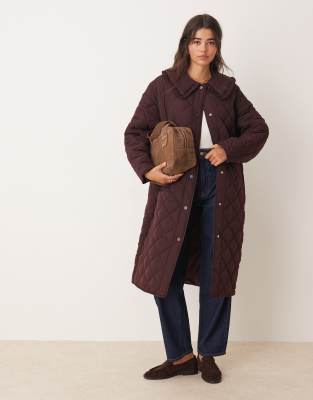 Miss Selfridge quilted maxi coat in plum-Purple