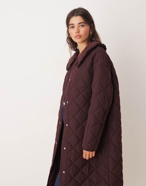 Miss Selfridge quilted maxi coat in plum