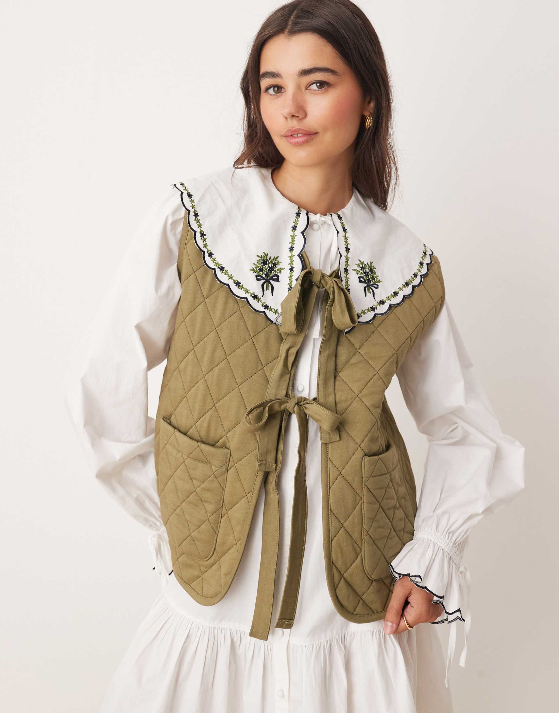 miss selfridge quilted vest with ties in olive