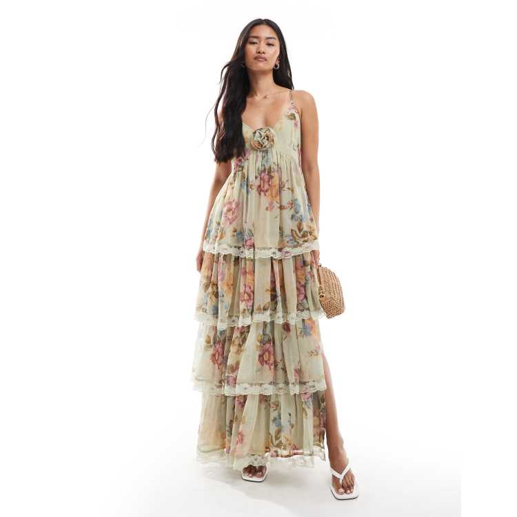Miss Selfridge race day chiffon tiered maxi dress in green floral print |  ASOS