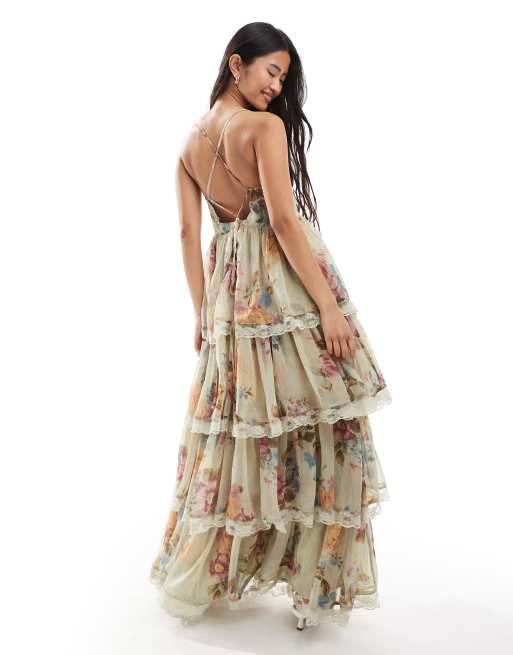 Miss Selfridge race day chiffon tiered maxi dress in green floral print