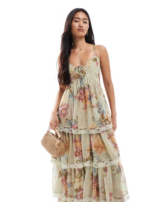 Miss Selfridge race day chiffon tiered maxi dress in green floral print