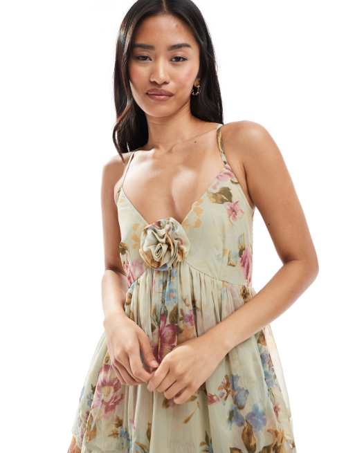 Miss Selfridge race day chiffon tiered maxi dress in green floral print