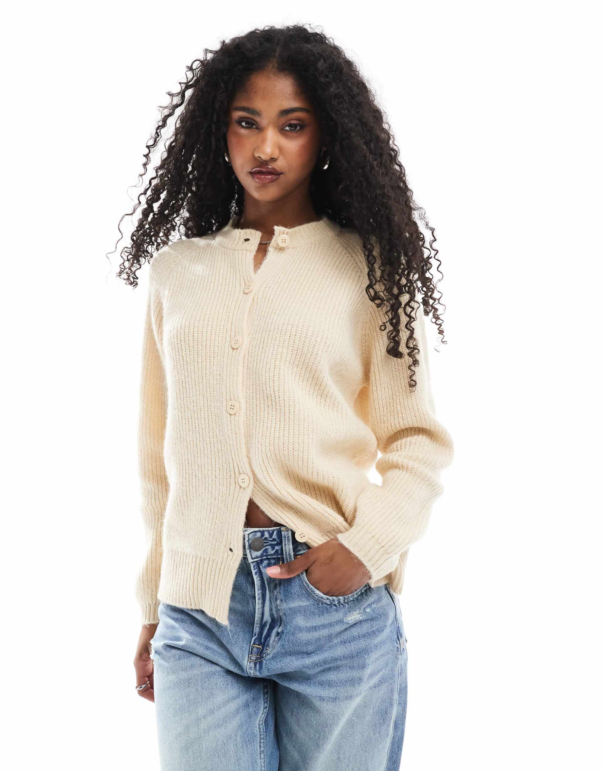 miss selfridge raglan knit button-up cardigan in buttermilk