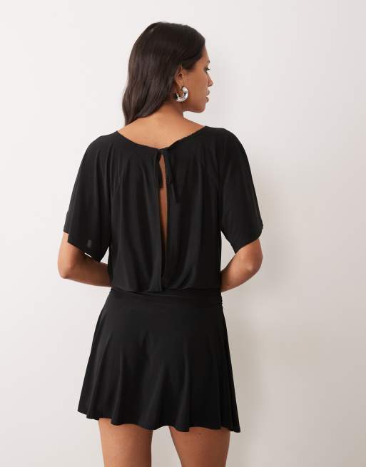 Miss Selfridge raglan sleeve skort playsuit in black, 2 of 4