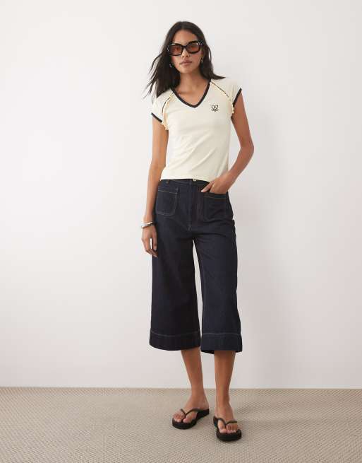 Miss Selfridge raglan sleeve varsity baby tee in navy and cream, 2 of 4