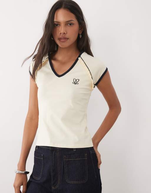 Miss Selfridge raglan sleeve varsity baby tee in navy and cream, 4 of 4