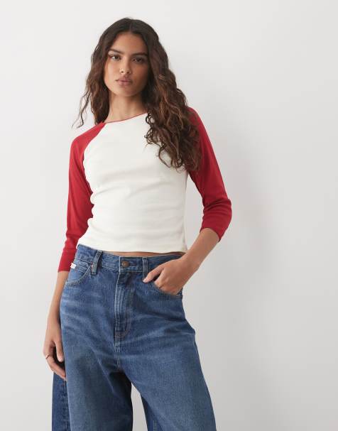 Miss Selfridge raglan-top med picot-kant i creme og rød - view 1