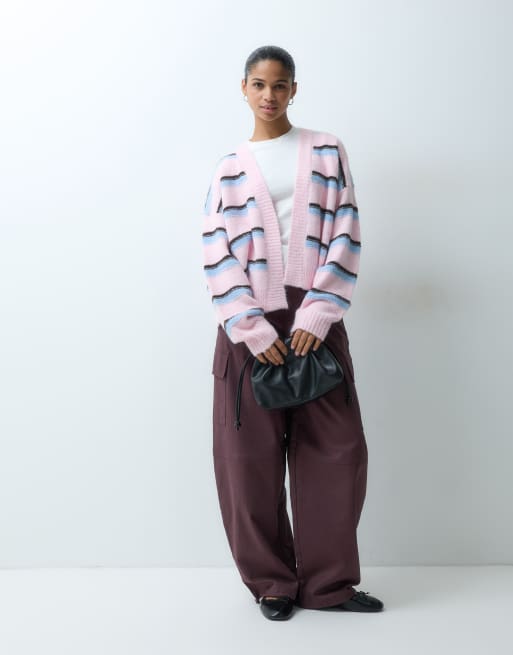Miss Selfridge randig fluffig öppen kofta i mjuk rosa, 3 av 4
