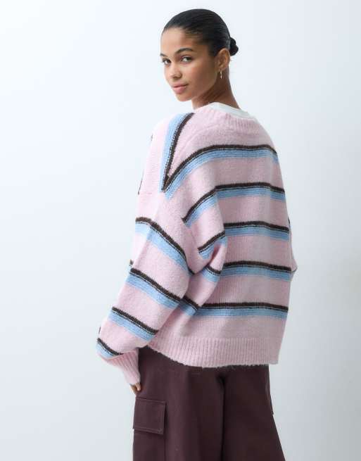Miss Selfridge randig fluffig öppen kofta i mjuk rosa, 4 av 4