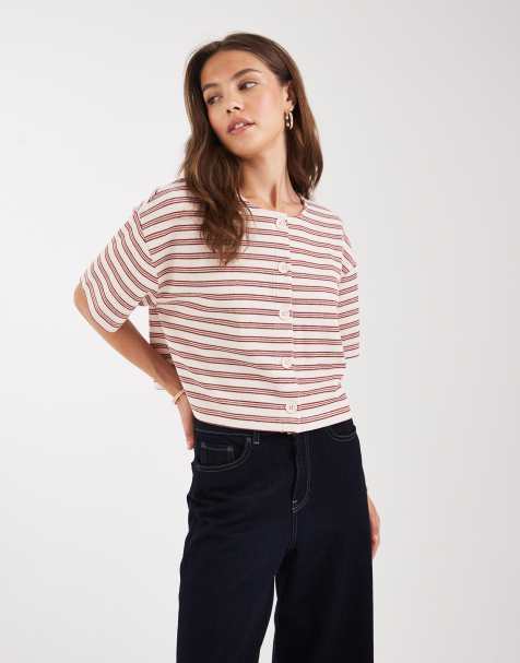 Miss Selfridge – Randig, ribbad kofta med knäppning och korta ärmar - view 1