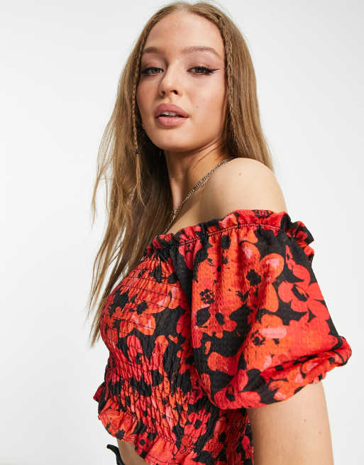 Miss Selfridge - Rød bardot-top med rynker , 4 af 4