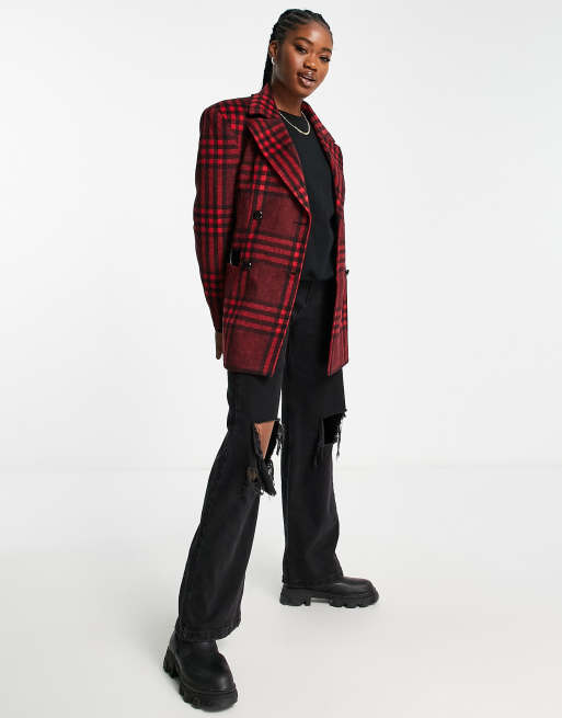 Miss Selfridge - Rød blazer-jakke med ekstreme skuldre og tern 