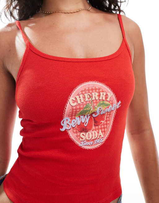 Miss Selfridge - Rød cami-top med vintage-inspireret 'Cherry Soda'-print, 3 af 4