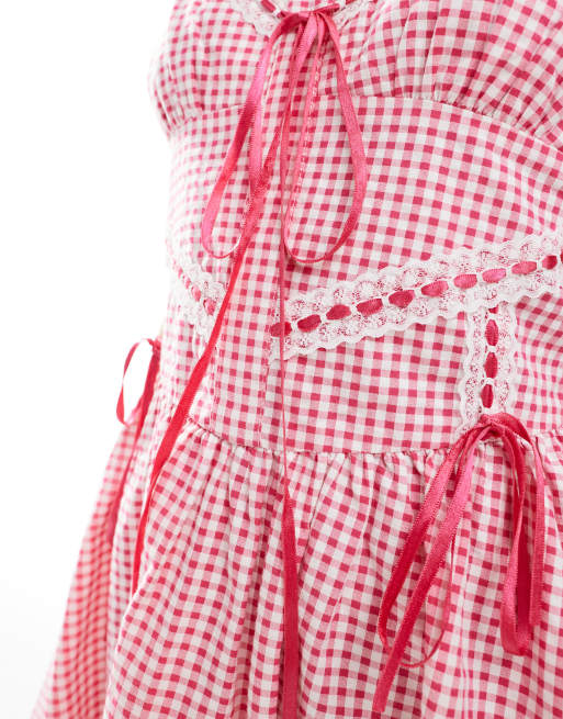 Miss Selfridge - Rød kjole med korsetsnit og gingham-tern , 3 af 4