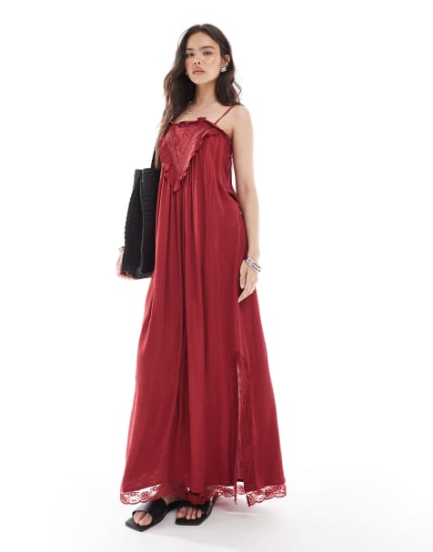 Miss Selfridge - Rød maxi-slip-kjole med blondedetaljer - view 1