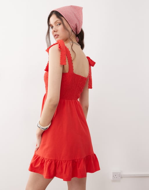 Miss Selfridge - Rød minikjole med rynkedetalje og bindebånd på skuldrene, 3 af 4