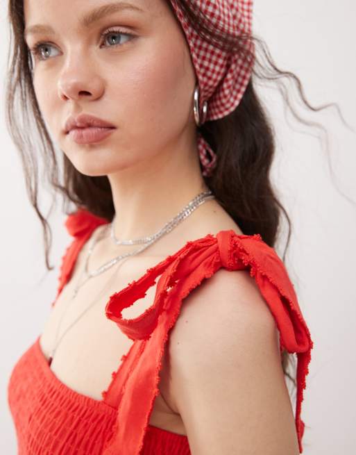 Miss Selfridge - Rød minikjole med rynkedetalje og bindebånd på skuldrene, 4 af 4